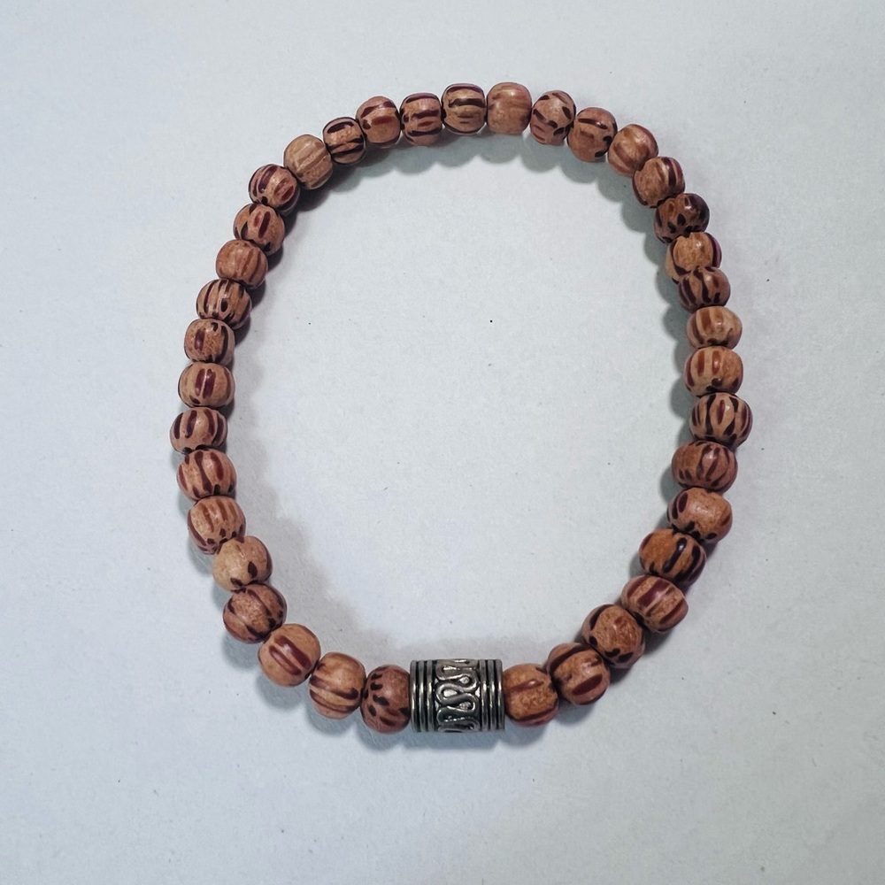 Wooden Beaded Bracelet with Silver Accent